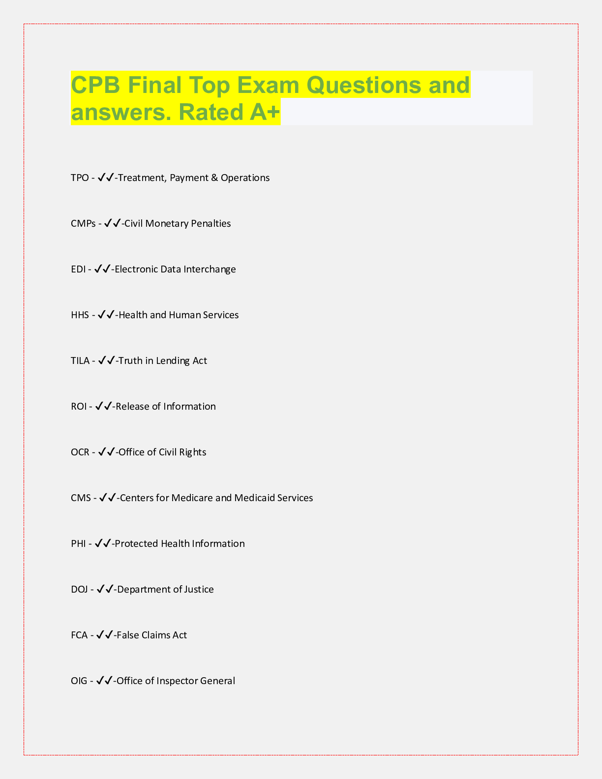 Preview image for CPB Final Top Exam Questions and  answers. Rated A+